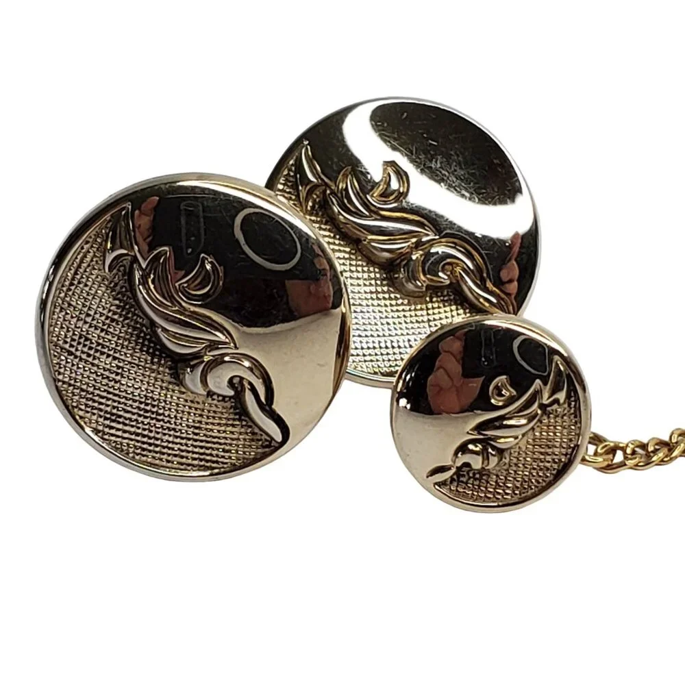 Vintage Cufflinks Tie Tack Set Gold Tone Round Textured Shiny
